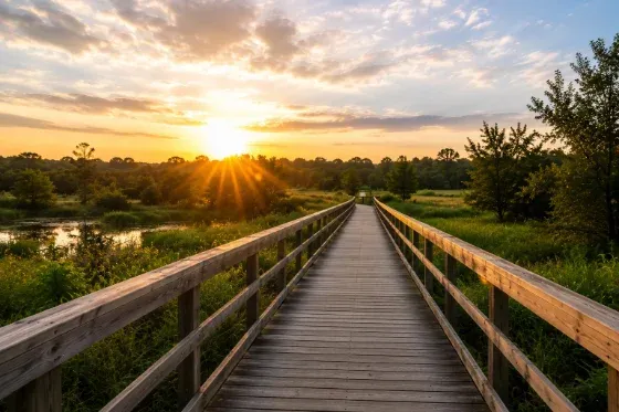 Forest boardwalk in sunlight