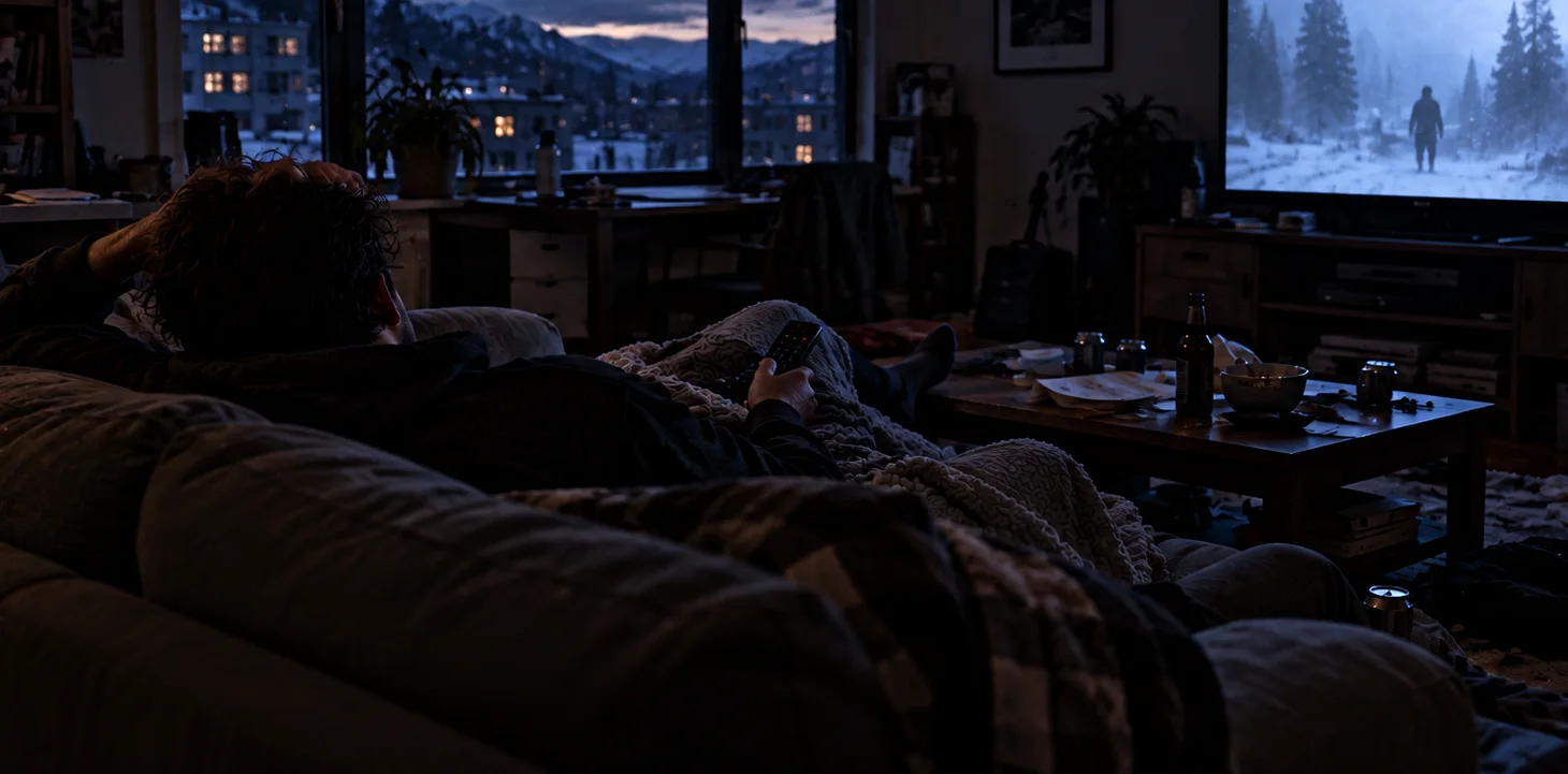 Person resting on a couch under a blanket at dusk, snowy Alaska mountains outside the window